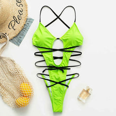 Halter neon bikini deep v-neck bathing suit women monokini String sexy swimsuit one piece bodysuits High cut swimwear women 2020
