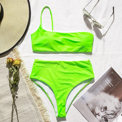 In-X High waist bikinis 2019 mujer Neon swimsuit female one shoulder swimwear women Bandeau top Sexy green bathing suit bathers