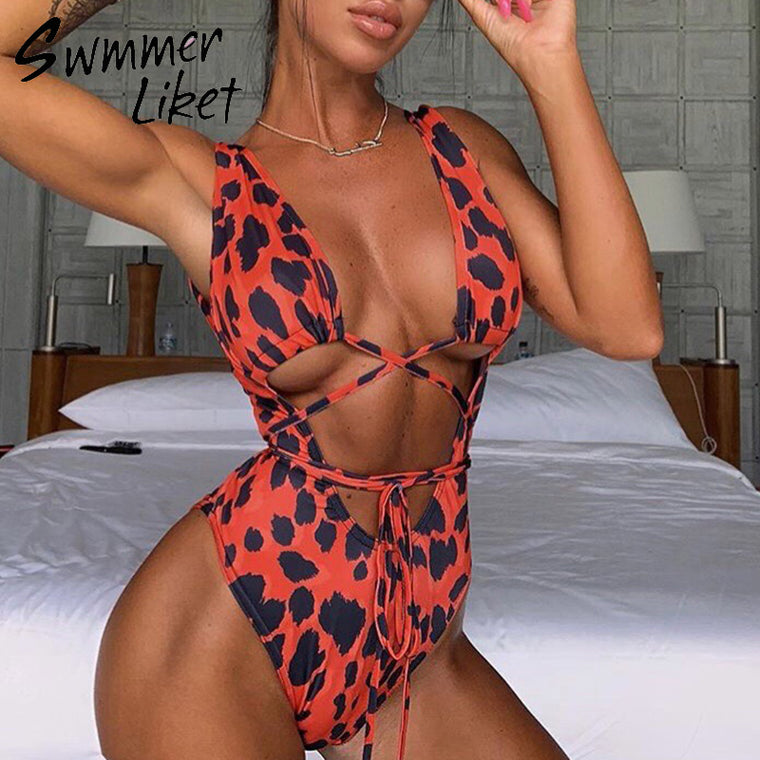 Red leopard Brazilian swimsuit one piece Plus size sexy bikini 2019 Push up swimwear women string monokini High cut bathing suit
