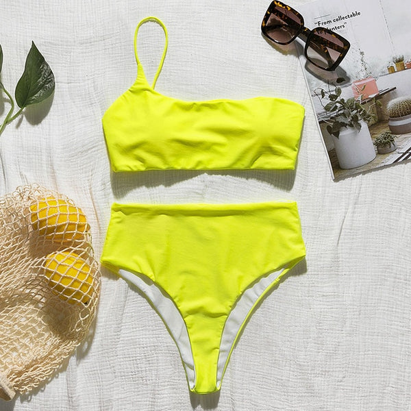 In-X High waist bikinis 2019 mujer Neon swimsuit female one shoulder swimwear women Bandeau top Sexy green bathing suit bathers