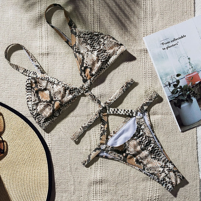 Peachtan Snake print one piece swimsuit female Sexy bandage bikini 2019 High cut swimwear women Monokini Triangle bathing suit