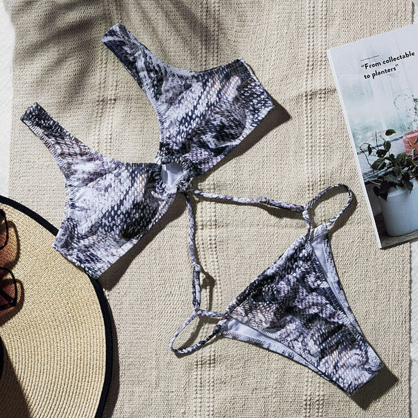 Peachtan Snake print one piece swimsuit female Sexy bandage bikini 2019 High cut swimwear women Monokini Triangle bathing suit