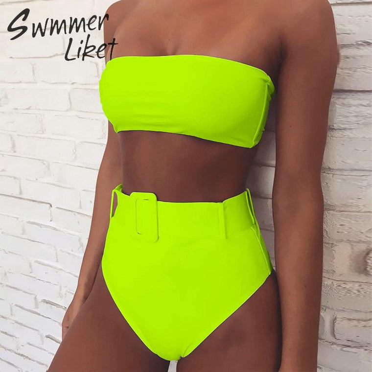 High waist Brazilian neon bikini 2019 Belt swimwear women Bandeau swimsuit female Push up bathing suit Summer bathers biquini