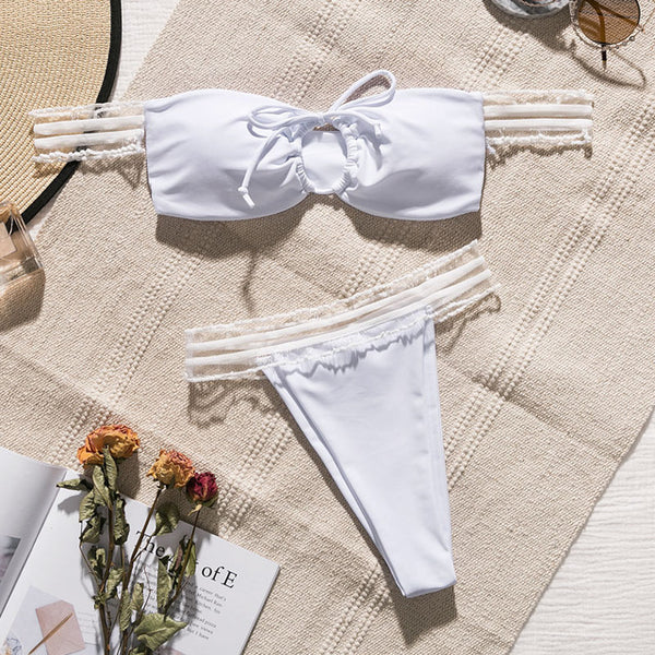 Off shoulder thong bikini 2019 Sexy mesh white swimwear women bathers High cut ruffle brazilian swimsuit female bathing suit new