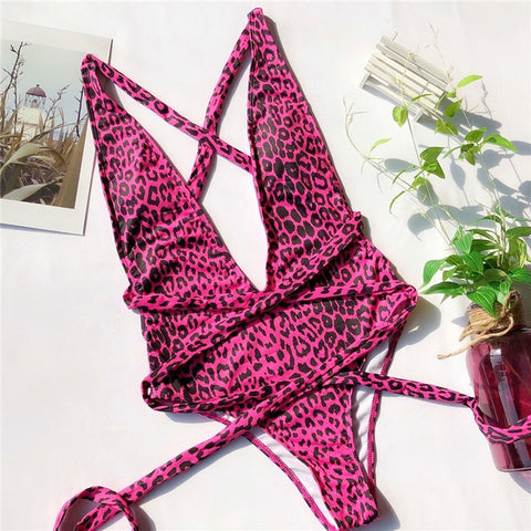 Peachtan Leopard print one piece swimsuit female Deep v-neck bikini 2019 Bandage bathing suit monokini swimwear women bathers