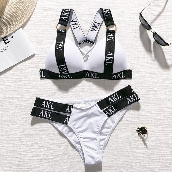 In-X Sexy push up bikini set Letter print swimsuit female Bandage black swimwear women Biquini Swimming bathing suit Bather 2019