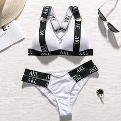 In-X Sexy push up bikini set Letter print swimsuit female Bandage black swimwear women Biquini Swimming bathing suit Bather 2019