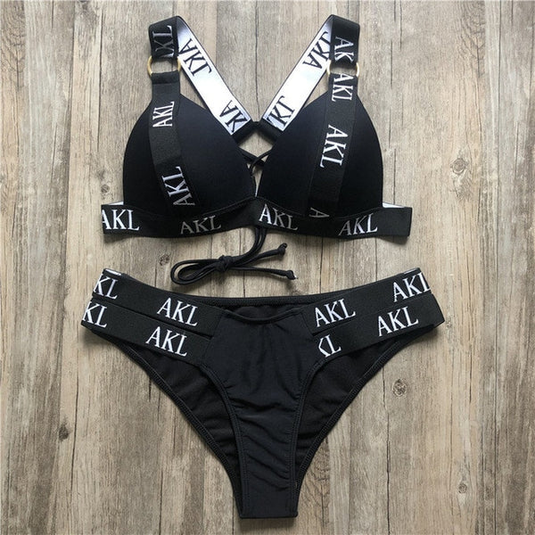 In-X Sexy push up bikini set Letter print swimsuit female Bandage black swimwear women Biquini Swimming bathing suit Bather 2019