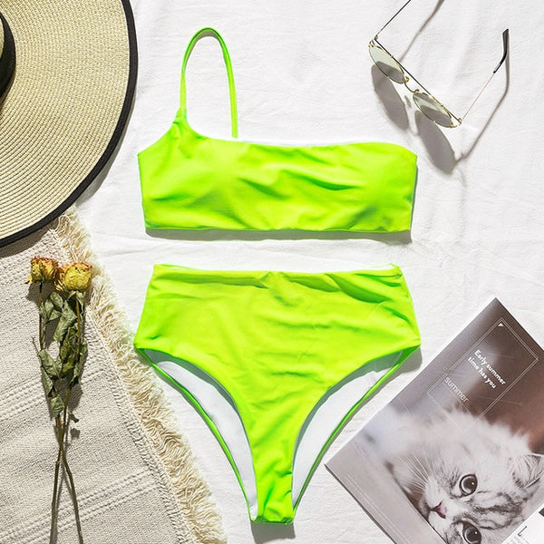 In-X High waist bikinis 2019 mujer Neon swimsuit female one shoulder swimwear women Bandeau top Sexy green bathing suit bathers