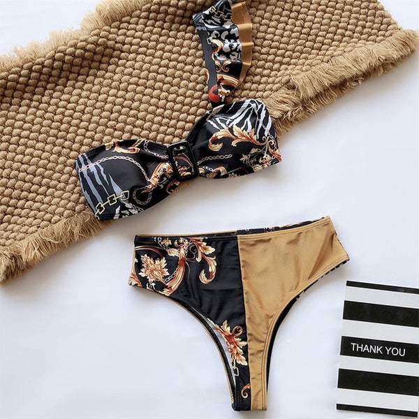 Peachtan Sexy high waist bikini 2020 One shoulder swimsuit female Ruffle bathing suit Retro floral print swimwear women bathers