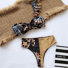 Peachtan Sexy high waist bikini 2020 One shoulder swimsuit female Ruffle bathing suit Retro floral print swimwear women bathers