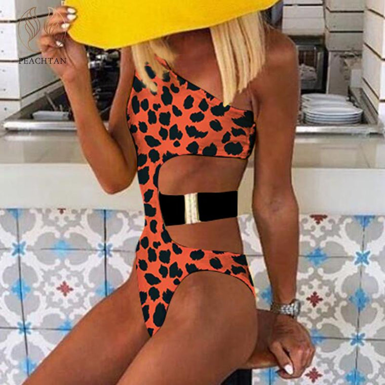 Peachtan  one-piece Leopard swimsuit female monokini Hollow out swimwear women Sexy brazilian bikini one shoulder bodysuit
