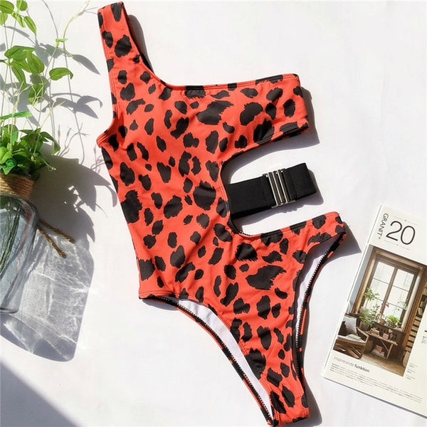 Peachtan  one-piece Leopard swimsuit female monokini Hollow out swimwear women Sexy brazilian bikini one shoulder bodysuit