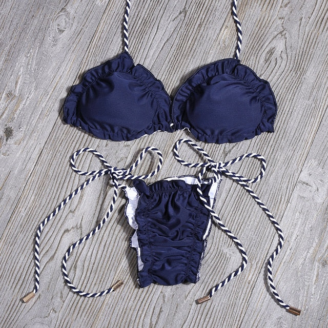 Floral Print Bikini Set Women Sexy Striped Patchwork Swimsuit Ruffle Brazilian Swimwear Bathing Suit Bandage Bikinis Beachwear