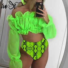 In-X Sexy neon green bikini set Mesh long sleeve swimsuit female High waist bikini 2019 Snake print swimwear Bathing suit women
