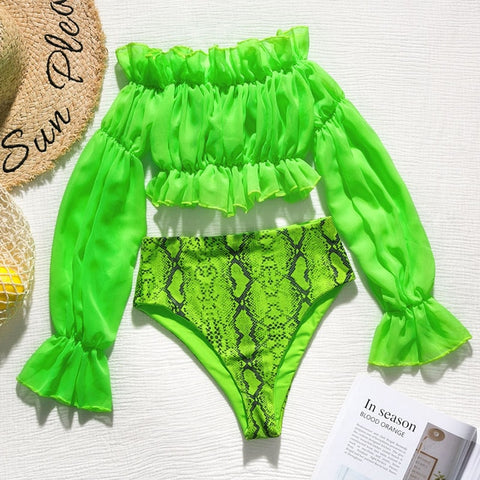 In-X Sexy neon green bikini set Mesh long sleeve swimsuit female High waist bikini 2019 Snake print swimwear Bathing suit women