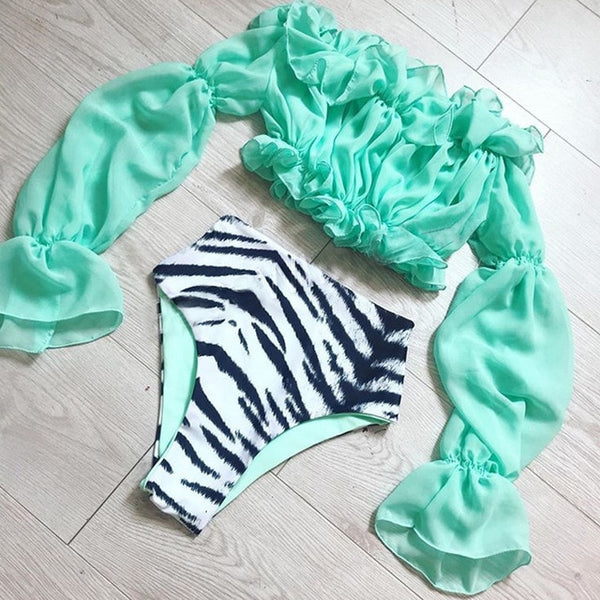 In-X Sexy neon green bikini set Mesh long sleeve swimsuit female High waist bikini 2019 Snake print swimwear Bathing suit women