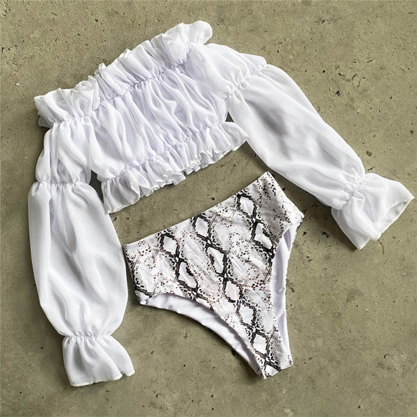 In-X Sexy neon green bikini set Mesh long sleeve swimsuit female High waist bikini 2019 Snake print swimwear Bathing suit women