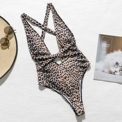 Peachtan Leopard print one piece swimsuit female Deep v-neck bikini 2019 Bandage bathing suit monokini swimwear women bathers