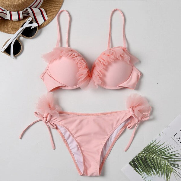 Padded Push Up Bikini Set Underwire Flower Ruffles Swimsuit For Women Sexy Solid Bandeau Female Bathing Suit 2018 Summer Biquini