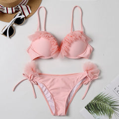 Padded Push Up Bikini Set Underwire Flower Ruffles Swimsuit For Women Sexy Solid Bandeau Female Bathing Suit 2018 Summer Biquini