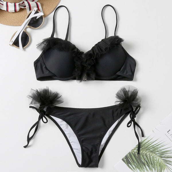 Padded Push Up Bikini Set Underwire Flower Ruffles Swimsuit For Women Sexy Solid Bandeau Female Bathing Suit 2018 Summer Biquini