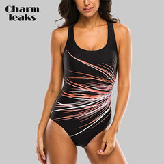 Charmleaks Women One Piece Swimwear Geometry Print Swimwear Women Colorblock Swimsuit Bathing Suit Monokini Bikini