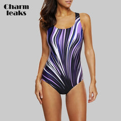Charmleaks Women One Piece Swimwear Geometry Print Swimwear Women Colorblock Swimsuit Bathing Suit Monokini Bikini