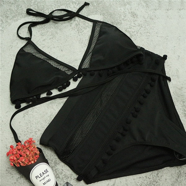 Sexy High Waist Bikini Women Halter Retro Mesh Hollow Out Swimwear Women Biquini Bathing Suit Female Swimsuit