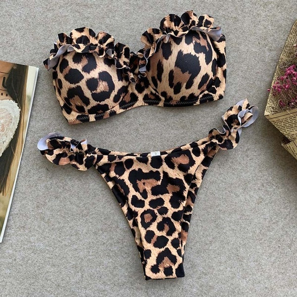 Padded Push Up Bikini Set Underwire Flower Ruffles Swimsuit For Women Sexy Solid Bandeau Female Bathing Suit 2018 Summer Biquini
